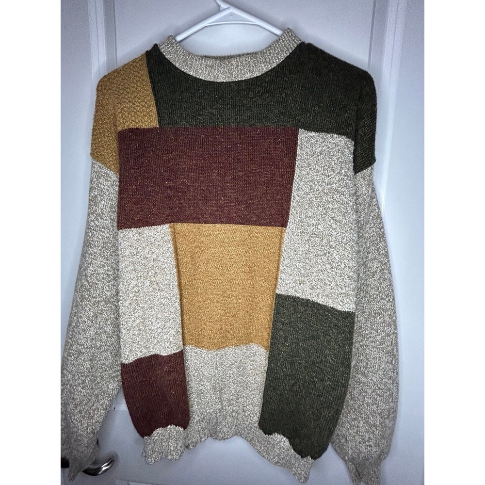 bill blass Colorblock Crewneck Sweater in Olive, Mustard, Maroon, and Cream